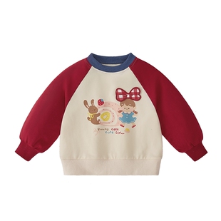 [7A抗菌]女童长袖卫衣宝宝撞色圆领春装小童宽松休闲儿童春季上衣