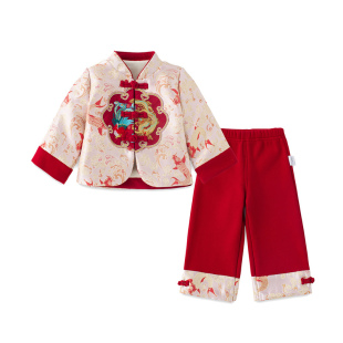 1岁女宝宝抓周礼服春秋款洋气拜年服女童生日套装红色新年两件套