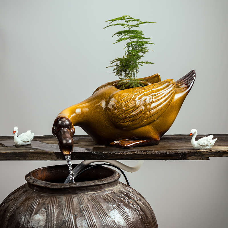 古法鱼缸水缸造景流水陶瓷罐摆件循环水过滤容器鸭子鹅出水口装饰