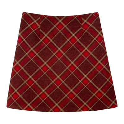 SUNSHINE LION红色格子半身裙女2025秋冬短裙高腰A字包臀新年战袍