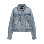 Desigual26春夏新品直筒手绘链条印花浅蓝色牛仔夹克女士外套