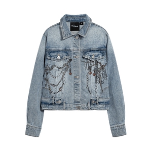 Desigual26春夏新品直筒手绘链条印花浅蓝色牛仔夹克女士外套