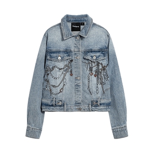 Desigual26春夏新品直筒手绘链条印花浅蓝色牛仔夹克女士外套