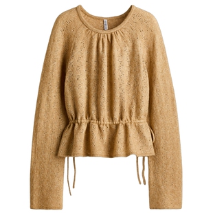 HM女装毛针织衫2026春季新款收腰裙式下摆网眼针织上衣1322978