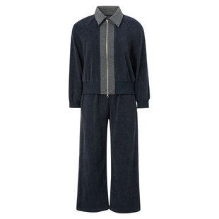 马天奴2025秋冬新款灰色翻领拉链外套休闲裤子长裤两件套装时尚女