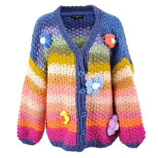 CLOUDSEASON彩虹手打慵懒风毛衣宽松外搭开衫2026新款秋针织外套