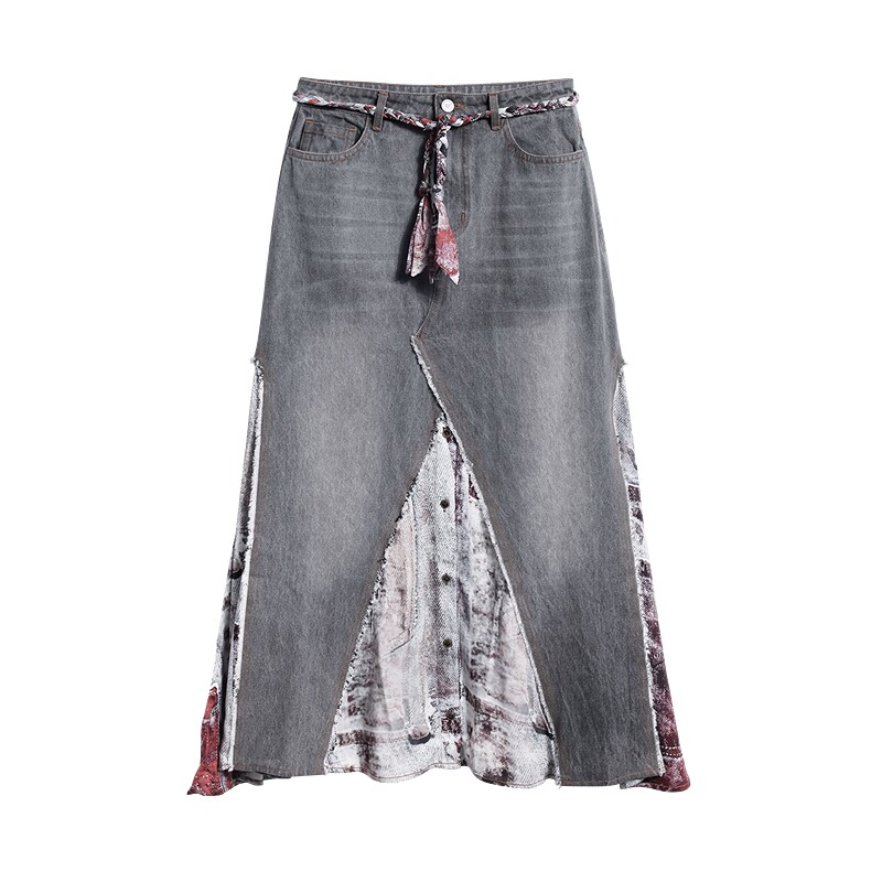 Desigual26秋冬新品黑灰色牛仔拼接复古牛仔印花插片半身裙