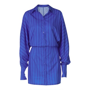 gusty高智感御姐蓝色条纹衬衫裙欧美辣妹风都市摩登包臀连衣裙秋