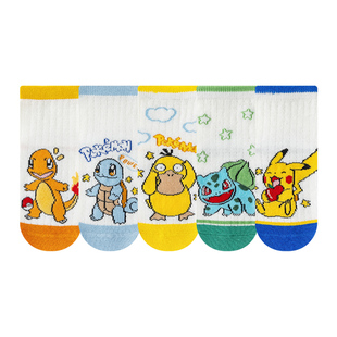 儿童袜子春夏薄款纯棉男童宝可梦卡通透气网眼袜男孩皮卡丘中筒袜