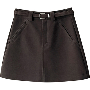 韩国chic咖色羊绒毛呢料西装短裙女秋洋气质包臀A字百搭半身裙子