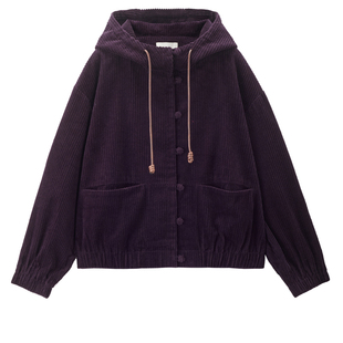 设计师款佐丹奴宽松夹克女纯棉灯芯绒撞色抽绳连帽外套18375621