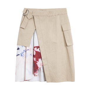 Desigual26春夏新品粉色花卉印花假两件围裙调节扣半身裙