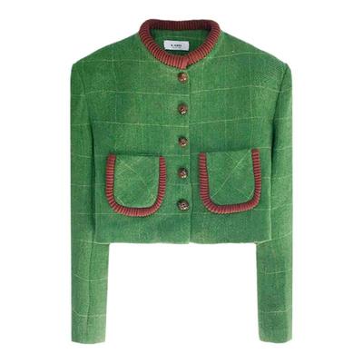 软糖绿格纹罗纹装饰箱型外套