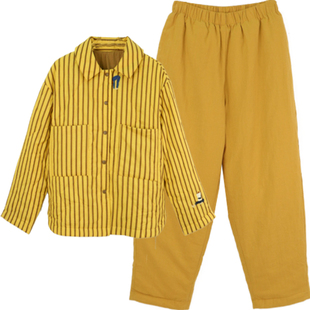 朵朵可可夹棉睡衣女冬季新款全棉三层加厚保暖条纹家居服可外穿