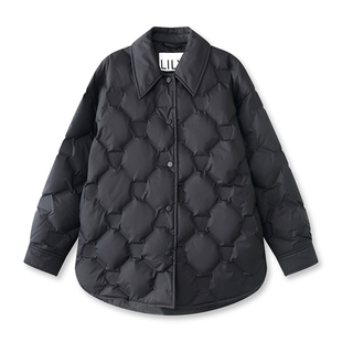 LILY2025冬新款女装经典菱格纹衬衫领90鸭绒黑色羽绒服外套中长款