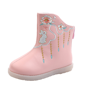 皮靴女童汉服鞋冬2024新款中国风宝宝雪地靴加绒短靴儿童拜年棉鞋