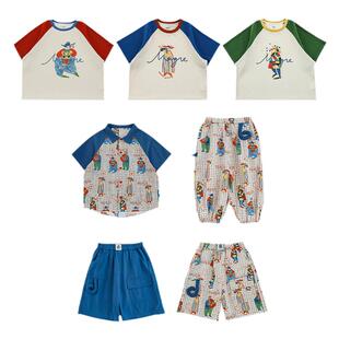 幼悠 男童夏季新款撞色短袖t恤衬衫阔腿防蚊裤马戏团小丑系列套装