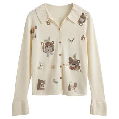 TCH26春夏新款时尚烫钻米白色翻领百搭针织开衫上衣女T78A43E1137