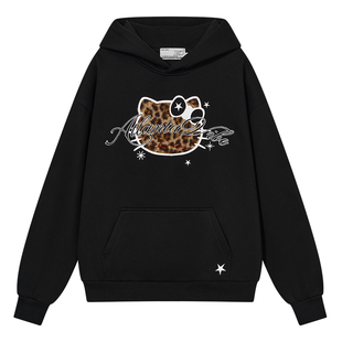 HACR豹纹小猫毛绒贴布绣连帽卫衣 美式复古宽松休闲帽衫