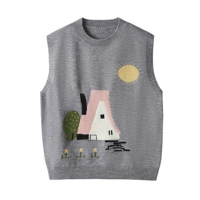 韩系卡通提花圆领针织马甲女秋冬款洋气减龄叠穿坎肩背心保暖毛衣