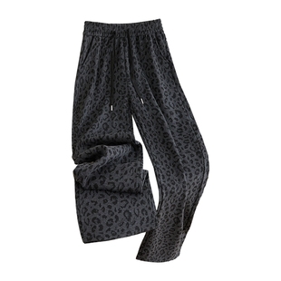 她池高腰休闲裤2025秋装新款女装个性豹纹抽绳松紧腰长款阔腿裤