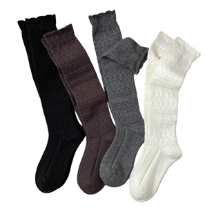 羊毛小腿袜子女冬天加厚保暖白色JK袜长筒日系花边高筒长袜配靴子