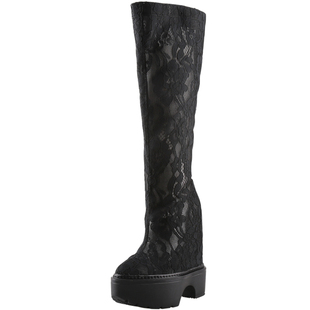 2025年夏蕾丝网纱靴子镂空内增高单靴15CM厚底坡跟中筒网面凉靴女