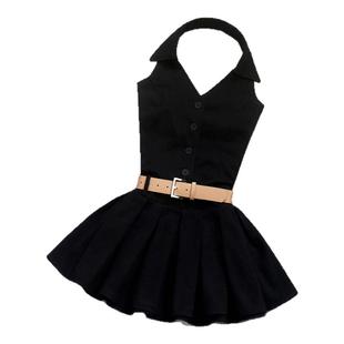 实拍夏季女装性感挂脖露背单排扣无袖百褶裙系腰带修身收腰连衣裙