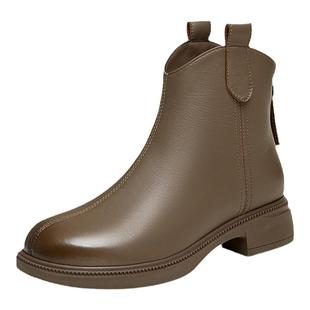 百思图冬商场新款美拉德羊皮靴法式小踝靴女加绒短靴G2172DD4