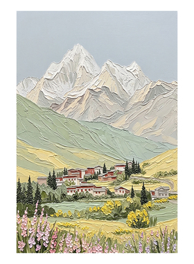 现代简约雪山风景手绘油画客厅装饰画轻奢玄关背景墙厚肌理壁画