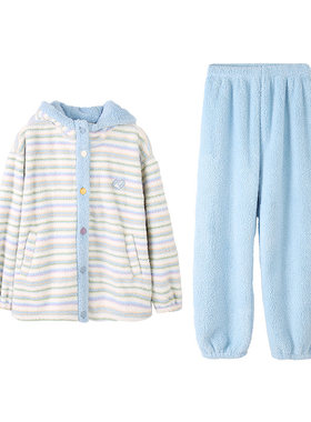安之伴【巨保暖】珊瑚绒睡衣女款秋冬季加厚连帽法兰绒家居服套装