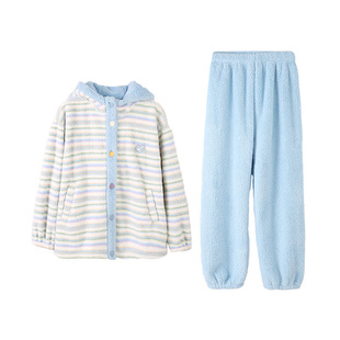 安之伴【巨保暖】珊瑚绒睡衣女款秋冬季加厚连帽法兰绒家居服套装