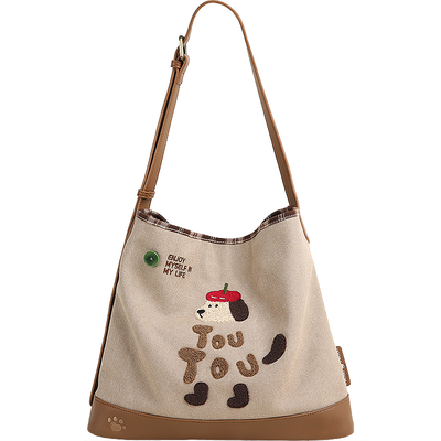 TOUTOU透透秋冬新款巴恩风肉松小狗帆布托特包大容量通勤斜挎包女