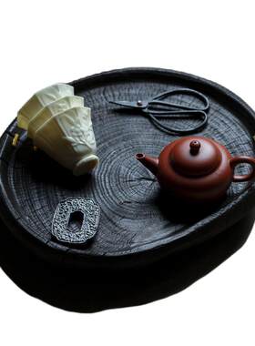 香樟木铜钉圆融茶台三足壶托复古
