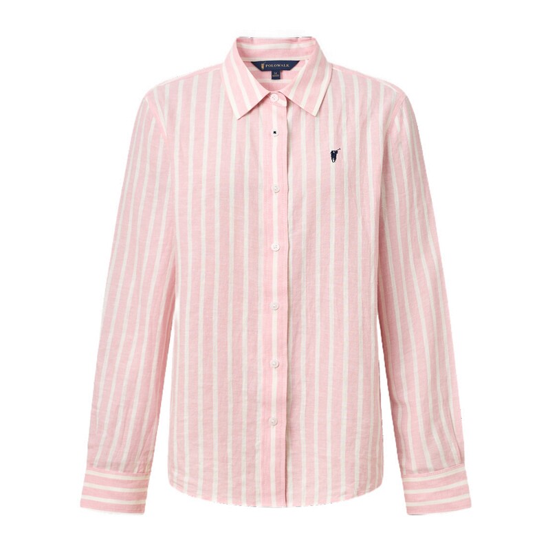 POLOWALK女士长袖衬衫2026春季新款撞色条纹翻领通勤亚麻混纺衬衫