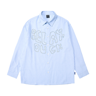 韦恩泽维尔cityboy蓝色条纹大码衬衫男长袖秋贴布刺绣衬衣薄8569