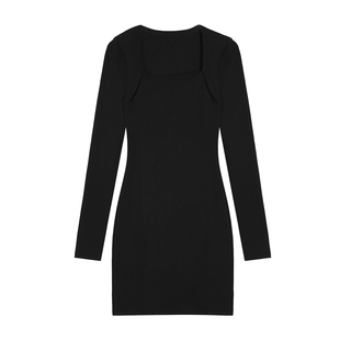 ousph 黑色复古方领针织连衣裙女秋新款长袖性感紧身包臀收腰短裙