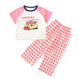 女童夏季睡衣2026新款女宝纯棉格子空调服套装儿童短袖长裤家居服