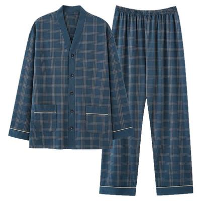 纯棉睡衣男款春秋季长袖开衫V领休闲格子大码宽松男士家居服套装