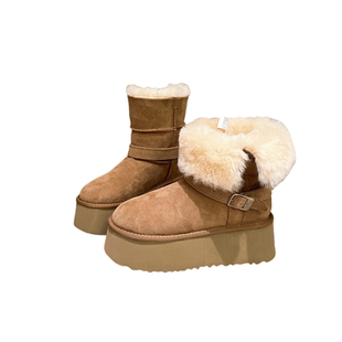 真皮羊皮毛一体毛毛鞋翻边厚底松糕6cm雪地棉靴两穿骑士短靴女鞋