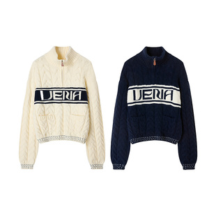 【烟玉织云】Uena美式复古学院风半开拉链polo领绞花毛针织衫女