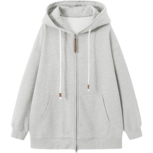 URLAZH有兰冬季新款简约休闲百搭灰宽松卫衣运动抽绳连帽外套女