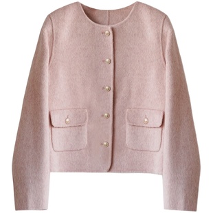 法式粉色骆驼绒小香风短款羊毛双面呢大衣女秋冬款小个子宽松外套