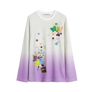 CHEERi UPi渐变纽扣印花条纹长袖T恤女26春夏新款