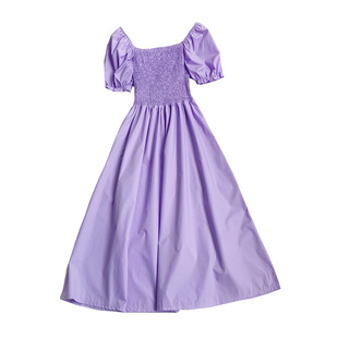 时尚气质方领褶皱泡泡袖高腰显瘦中长款侧开叉连衣裙女2024夏季