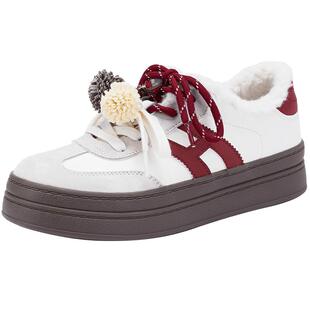 热风厚底德训鞋2025年冬季新款加绒小白鞋百搭休闲鞋红色新年女鞋