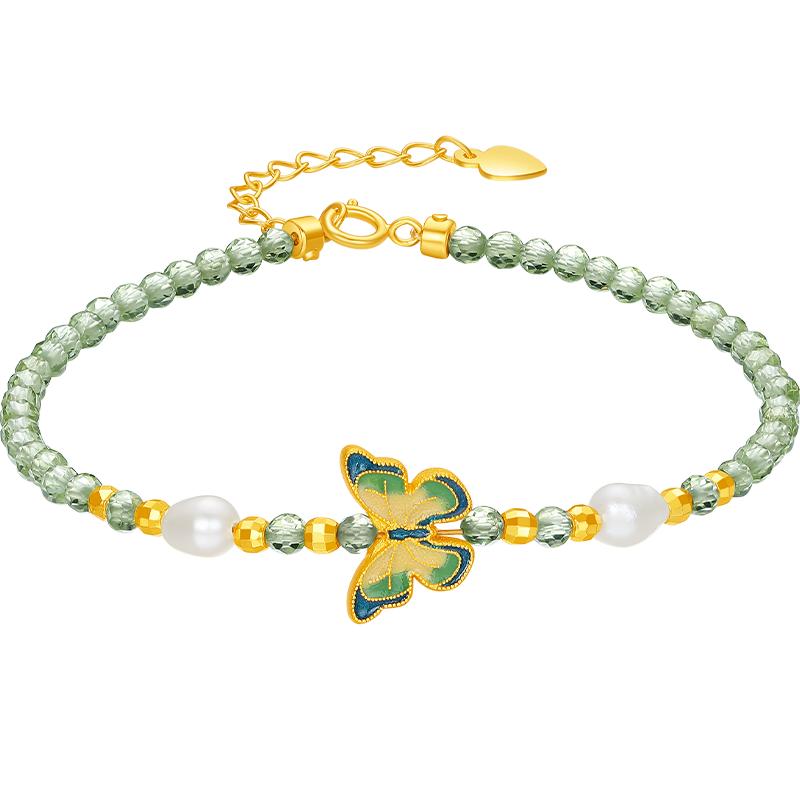六桂福纯银蝴蝶珍珠珐琅手链女S925银黄金色轻奢小众橄榄石手串