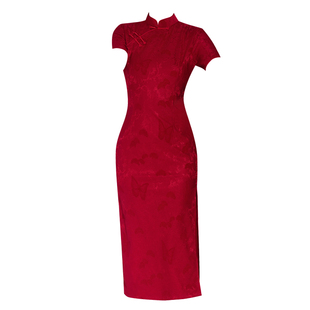 红色长旗袍女夏装小个子妈妈高考送考日常可穿连衣裙新中式年轻款