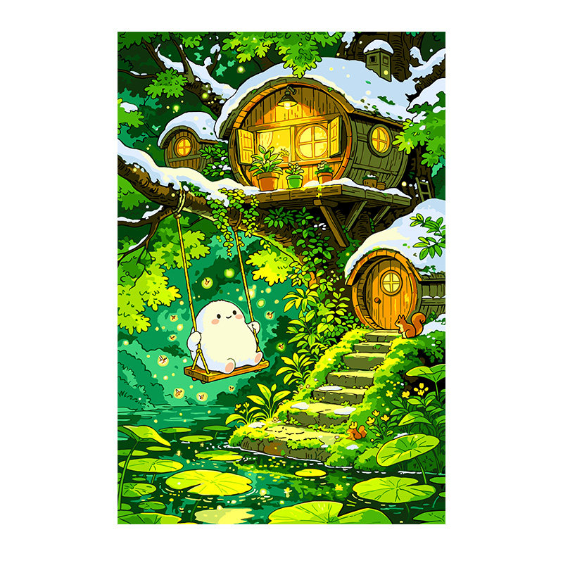 自油自画数字油画diy填色成人手工手绘涂色油彩画宫崎骏树屋童话
