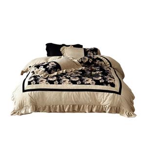 法式复古花卉牛奶绒四件套双面绒加厚花边被套床单公主风拼接床品